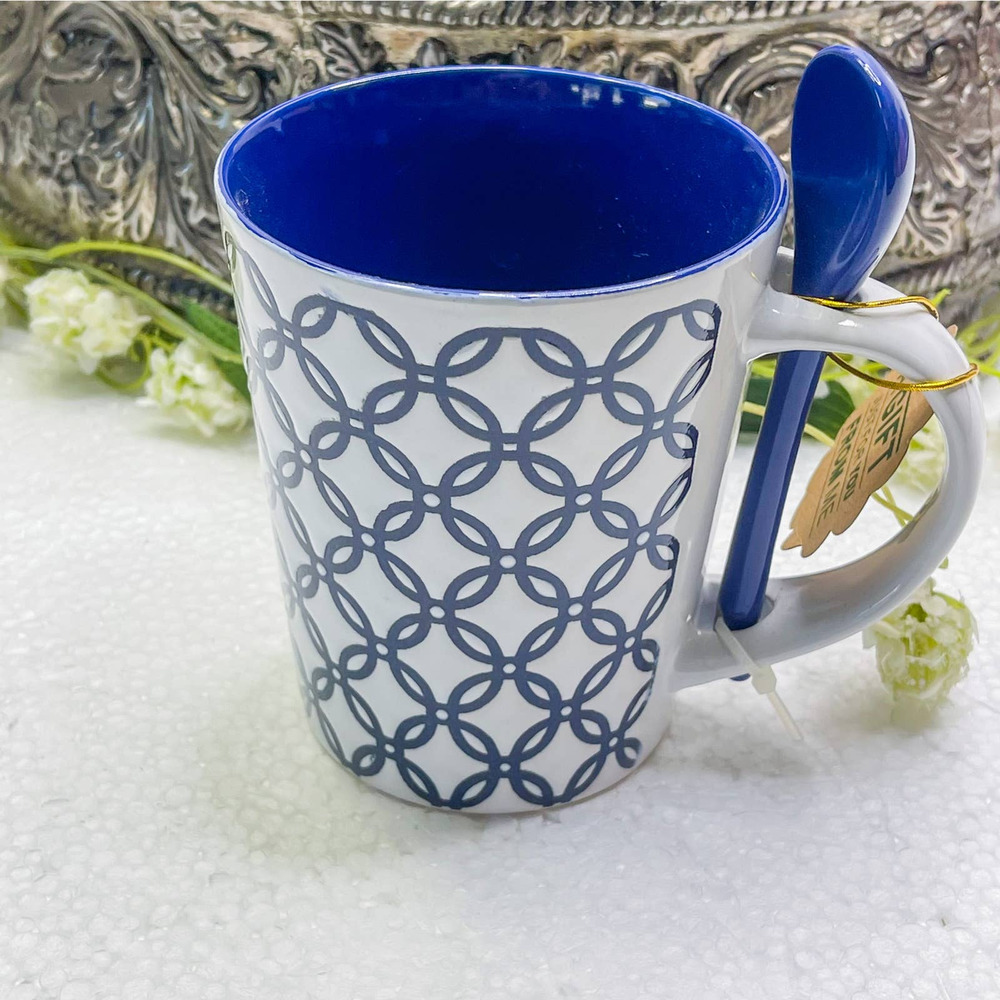 TRISA MUG WITH SPOON BLUE/WHITE MOCHA LATTE TEA CUP
